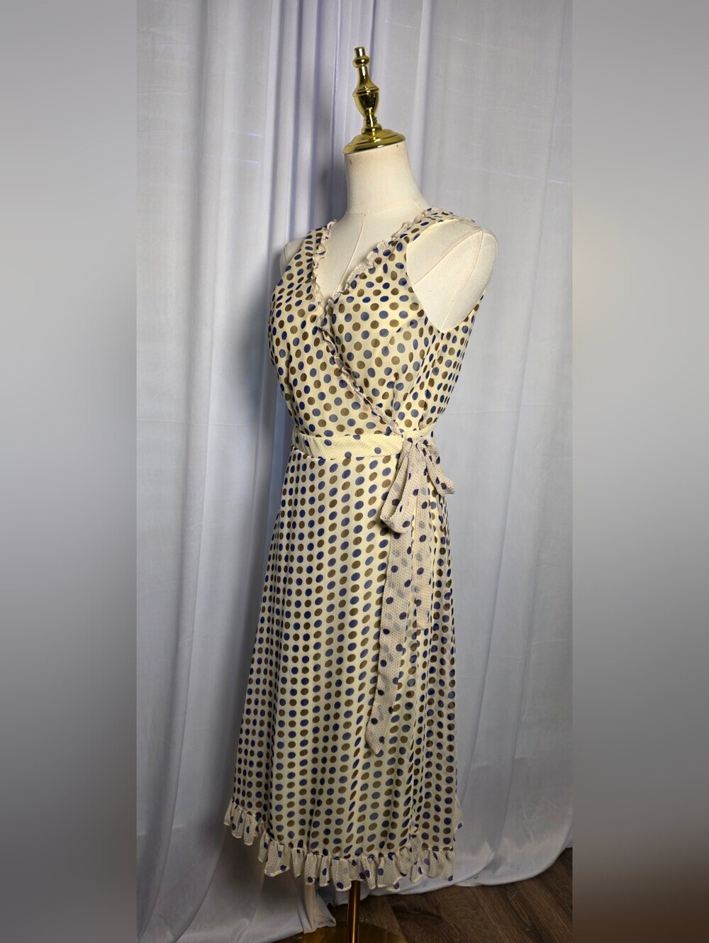 Cato Cream and Navy Polka Dot Sleeveless Wrap Midi Dress